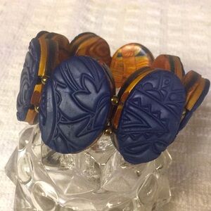 Navy Blue and Brown Carved & Beaded Bracelet